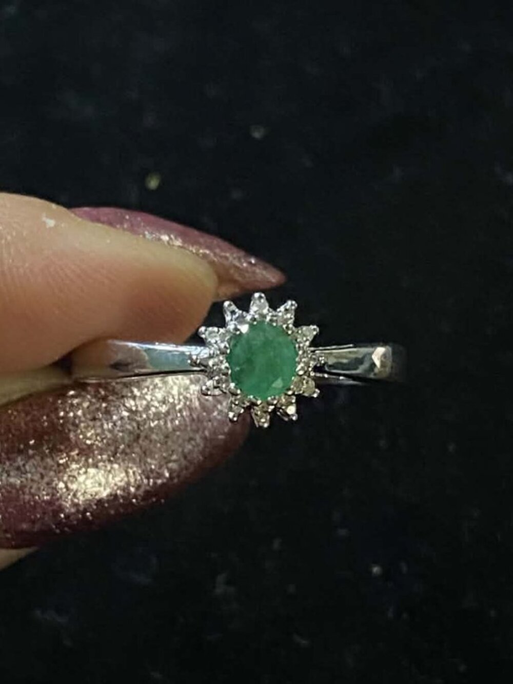 .925 Sterling Silver Natural Emerald Hallo Cubic Zirconia Ring
